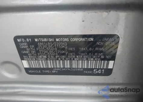 2019 Mitsubishi Outlander Se from USA, damaged, VIN JA4AZ3A37KZ025958